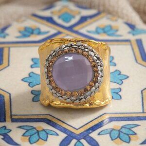 Boho Luxe Handmade Turkish Gold-Plated Wide Ring With Pink Cat’s Eye Hematite